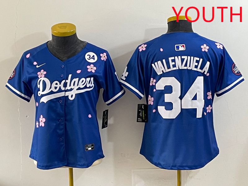 Youth Los Angeles Dodgers #34 Valenzuela Blue Sakura Edition 2025 Nike MLB Jersey style 38->youth mlb jersey->Youth Jersey